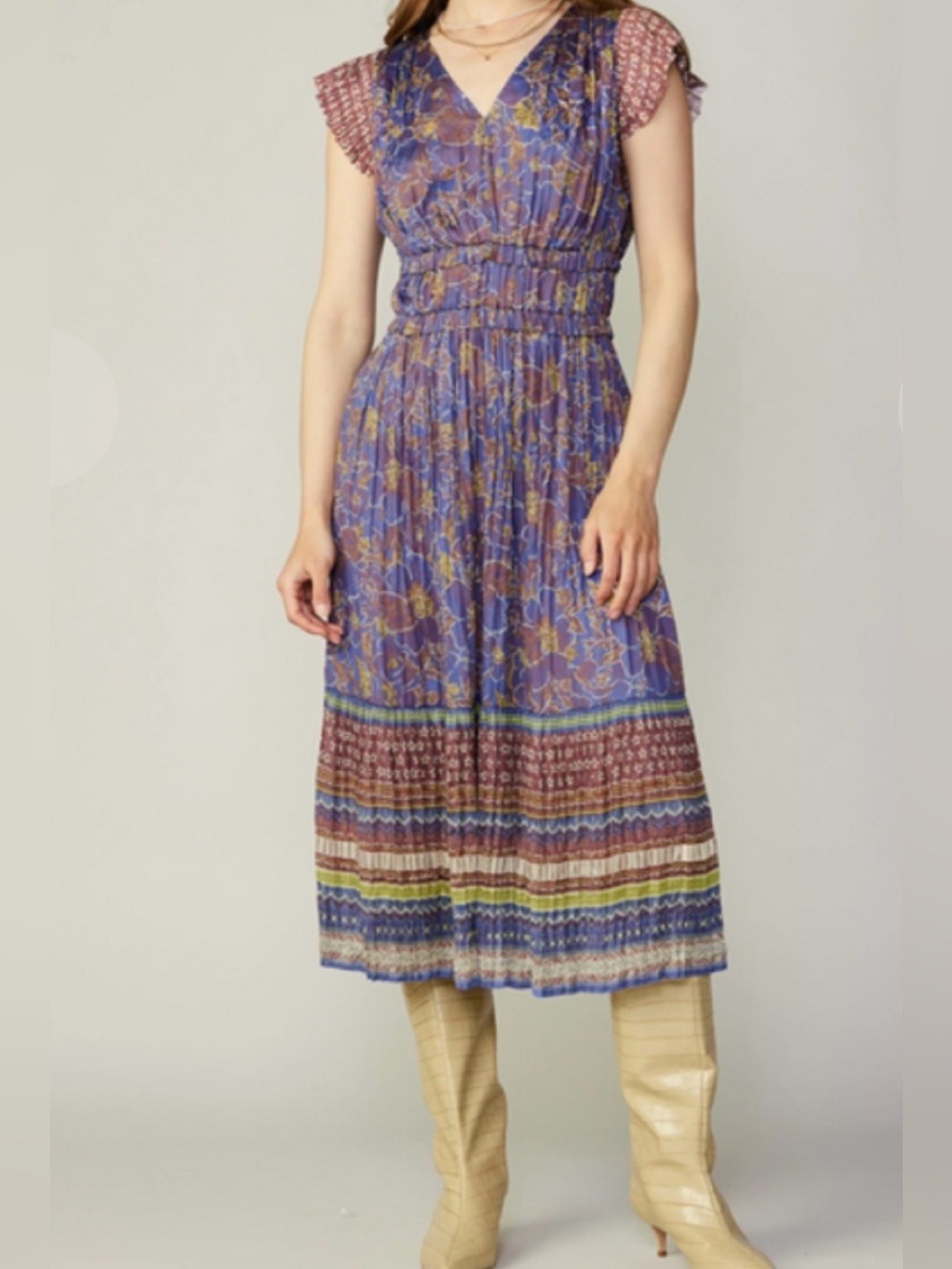 Current Air Anthropologie Blue Gray Floral Midi Dress Size Small Flutter Sleeve